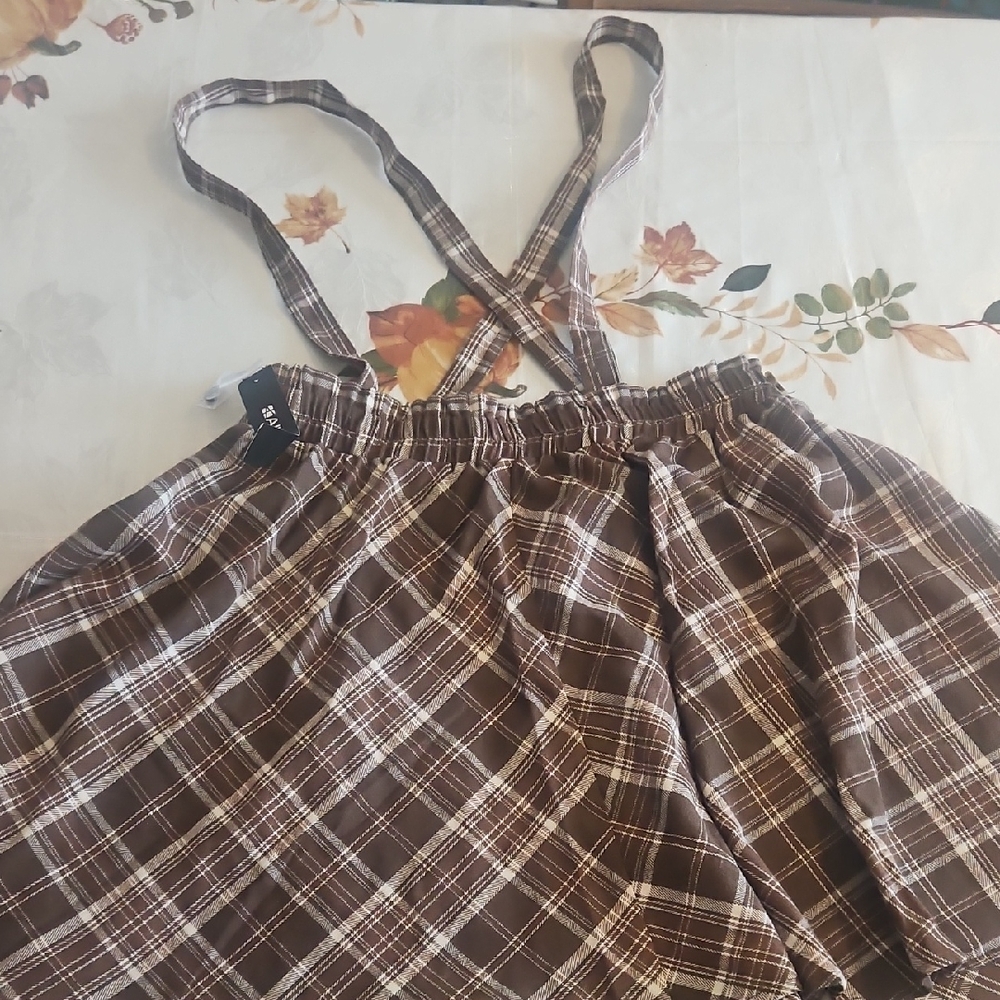 Allegra K Brown Plaid Skirt with Straps